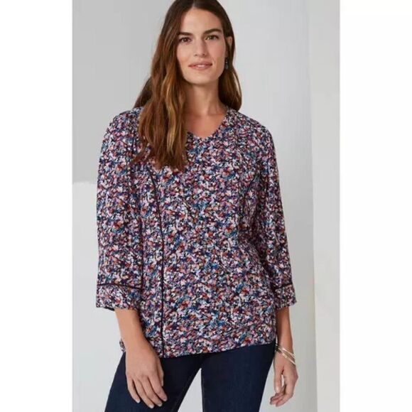 J Jill V-Neck Multicolor Floral Feminine Flowy 3/4 Flutter Sleeve Top Size Large - Picture 1 of 8